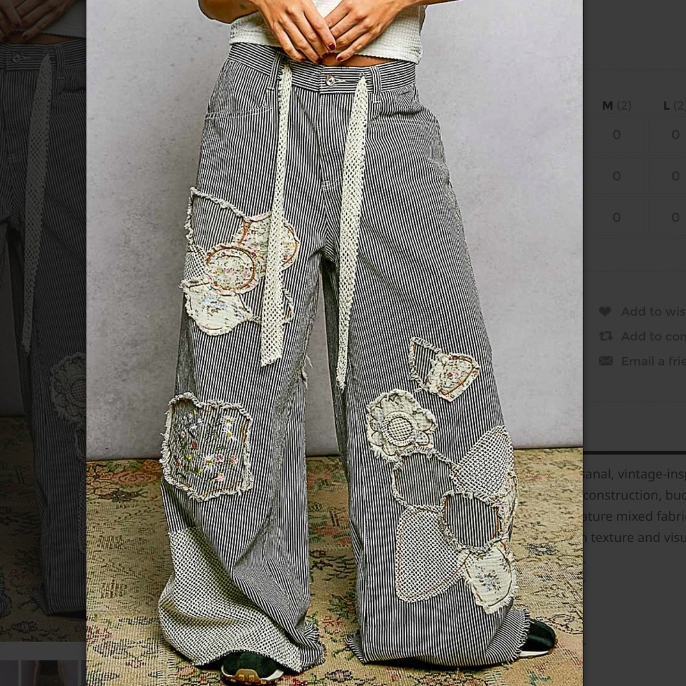 POL Wide-Leg Pinstripe Jeans with Patchwork Appliqué. Never Worn